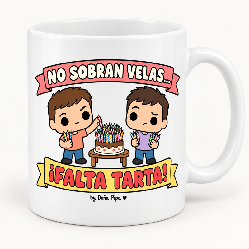 Taza blanca de cerámica con el diseño No sobran velas, falta tarta